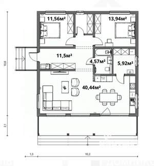 Коттедж 116м², 1-этажный, участок 10 сот.  