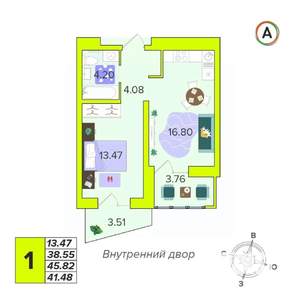 1-к квартира, вторичка, 41м2, 6/16 этаж