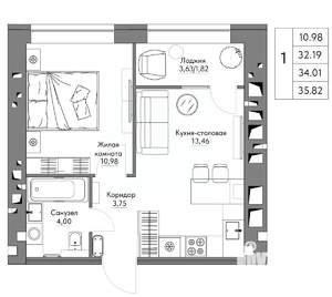 1-к квартира, строящийся дом, 36м2, 4/9 этаж