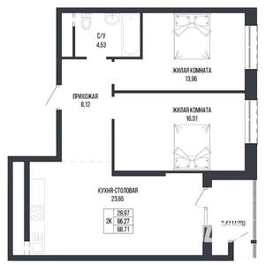 2-к квартира, вторичка, 69м2, 6/22 этаж