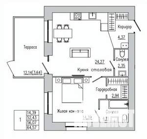1-к квартира, вторичка, 56м2, 1/8 этаж