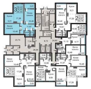 3-к квартира, строящийся дом, 80м2, 1/19 этаж