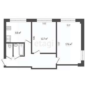 2-к квартира, вторичка, 53м2, 1/2 этаж