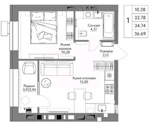 1-к квартира, строящийся дом, 37м2, 4/9 этаж