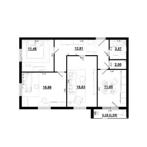 3-к квартира, вторичка, 76м2, 2/4 этаж