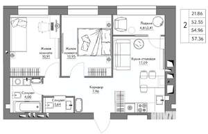 2-к квартира, строящийся дом, 57м2, 4/9 этаж