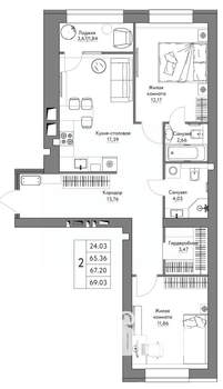 2-к квартира, строящийся дом, 69м2, 6/9 этаж