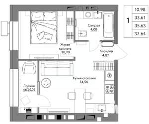 1-к квартира, строящийся дом, 38м2, 5/9 этаж