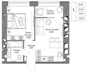 1-к квартира, вторичка, 34м2, 9/9 этаж