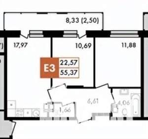 2-к квартира, вторичка, 57м2, 3/13 этаж