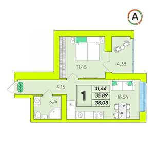 1-к квартира, вторичка, 38м2, 1/16 этаж