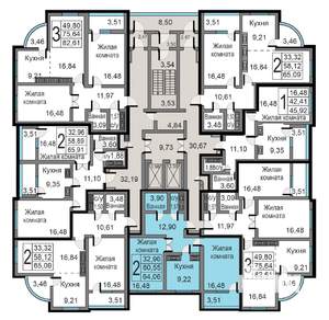 2-к квартира, строящийся дом, 64м2, 12/19 этаж