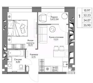 1-к квартира, строящийся дом, 36м2, 4/9 этаж