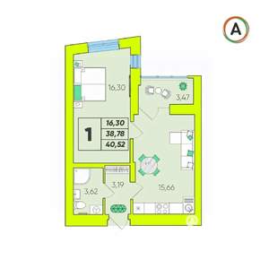 1-к квартира, вторичка, 41м2, 12/16 этаж