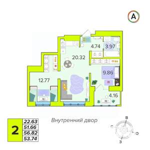 2-к квартира, вторичка, 54м2, 2/16 этаж