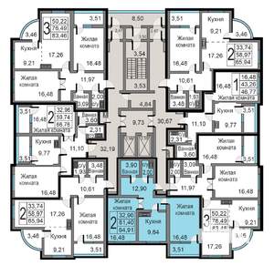 2-к квартира, строящийся дом, 65м2, 8/19 этаж