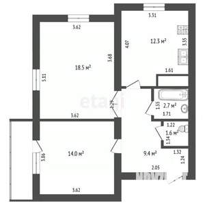 2-к квартира, вторичка, 59м2, 1/9 этаж