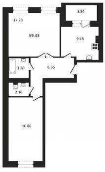 2-к квартира, строящийся дом, 59м2, 3/3 этаж