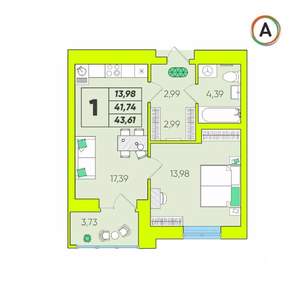 1-к квартира, вторичка, 44м2, 10/16 этаж