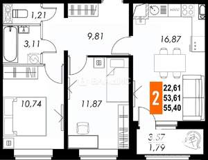 2-к квартира, вторичка, 55м2, 10/11 этаж