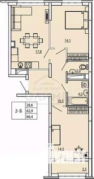 2-к квартира, вторичка, 66м2, 5/9 этаж