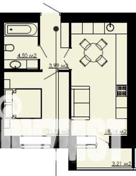 1-к квартира, строящийся дом, 42м2, 2/9 этаж