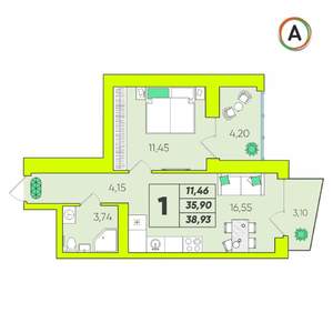1-к квартира, вторичка, 39м2, 6/16 этаж