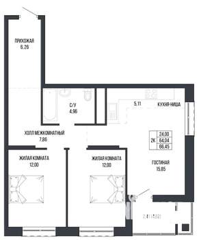 2-к квартира, вторичка, 66м2, 5/22 этаж