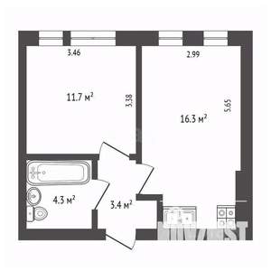 1-к квартира, вторичка, 36м2, 4/4 этаж
