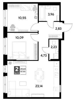 2-к квартира, строящийся дом, 58м2, 15/25 этаж