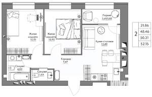 2-к квартира, строящийся дом, 52м2, 4/9 этаж