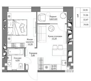 1-к квартира, вторичка, 34м2, 9/9 этаж