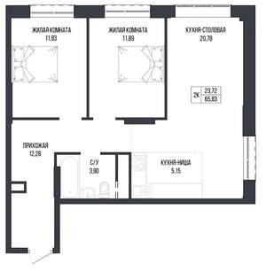 2-к квартира, вторичка, 66м2, 1/22 этаж