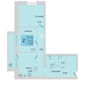 2-к квартира, вторичка, 74м2, 7/9 этаж