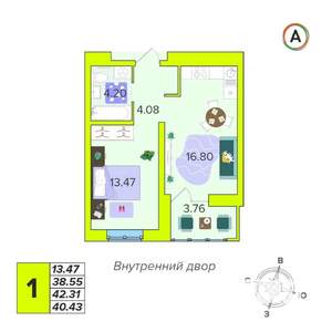1-к квартира, вторичка, 40м2, 7/16 этаж
