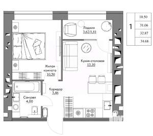 1-к квартира, строящийся дом, 35м2, 9/9 этаж