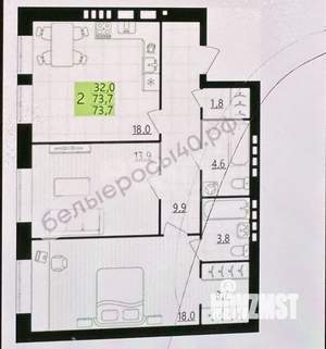 2-к квартира, вторичка, 74м2, 2/3 этаж