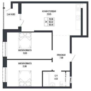 2-к квартира, вторичка, 68м2, 4/22 этаж