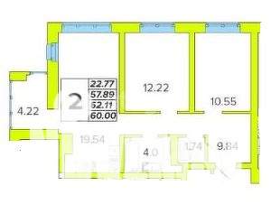 2-к квартира, вторичка, 61м2, 7/16 этаж