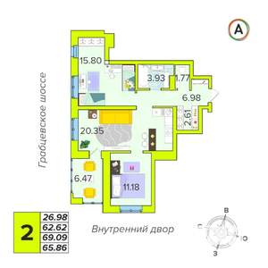 2-к квартира, вторичка, 66м2, 1/16 этаж