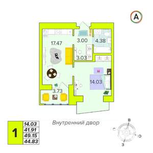 1-к квартира, вторичка, 45м2, 12/16 этаж