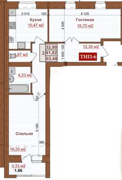 2-к квартира, сданный дом, 64м2, 2/4 этаж