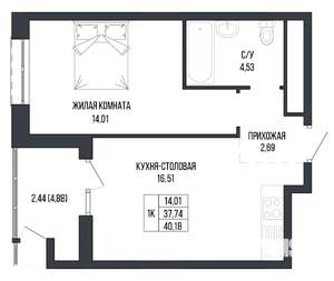 1-к квартира, вторичка, 40м2, 13/22 этаж
