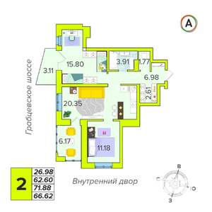2-к квартира, вторичка, 67м2, 6/16 этаж