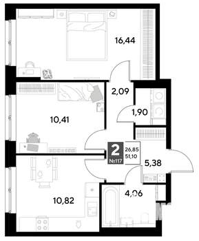 2-к квартира, строящийся дом, 51м2, 16/25 этаж