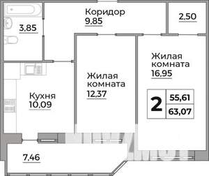 2-к квартира, строящийся дом, 56м2, 7/12 этаж