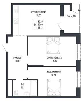 2-к квартира, вторичка, 63м2, 6/22 этаж