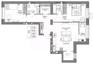 2-к квартира, строящийся дом, 75м2, 4/9 этаж
