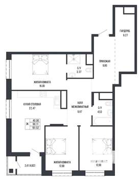3-к квартира, вторичка, 102м2, 2/22 этаж