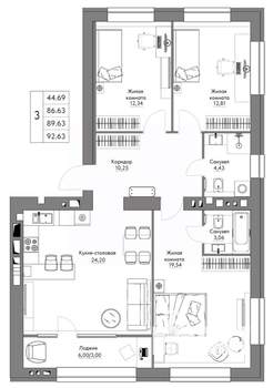 3-к квартира, строящийся дом, 93м2, 6/9 этаж